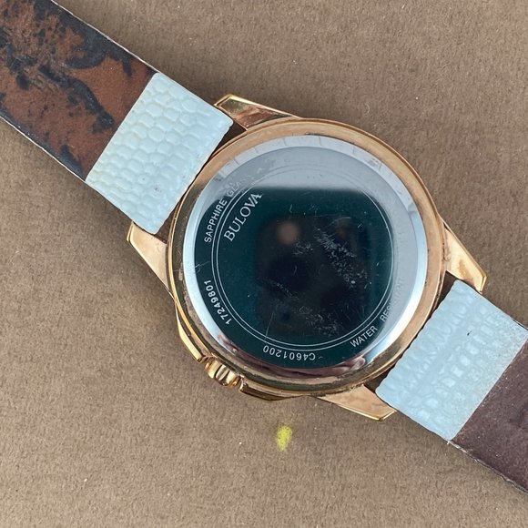 Bulova 2 Tone Rose Gold White Enamel Crystals White Leather Strap - Picture 7 of 7